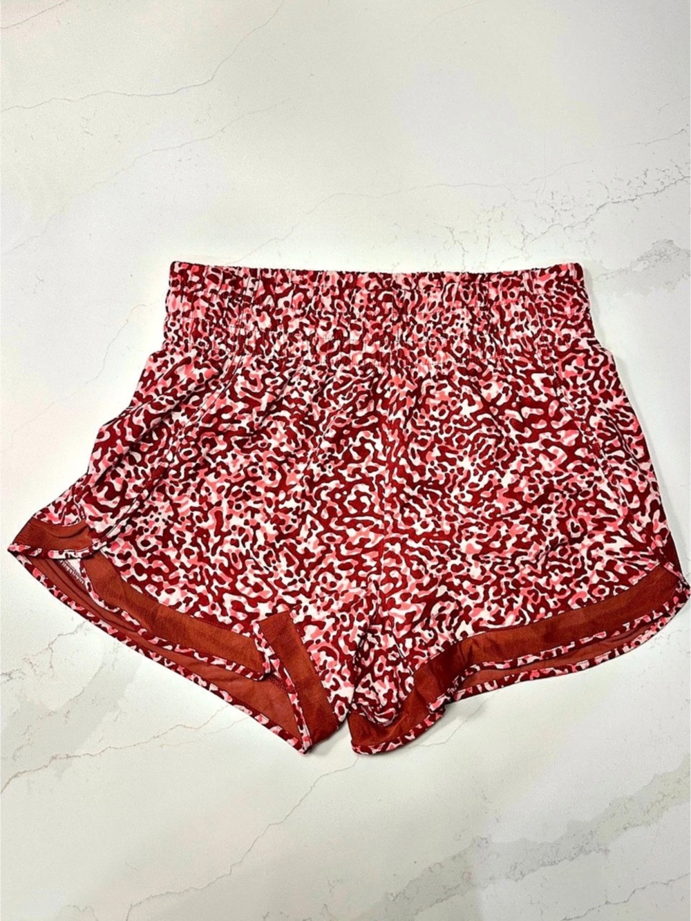 Athleta Mesh Racer Run High Rise 3” Shorts Red Print M